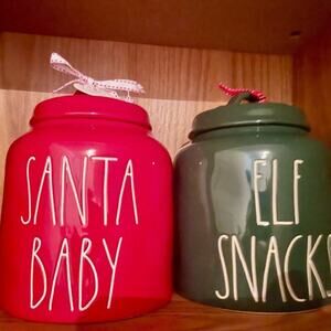 Rae Dunn Cookie Jars  Set of 2 Santa Baby Elf Snacks Holiday Christmas Fetive